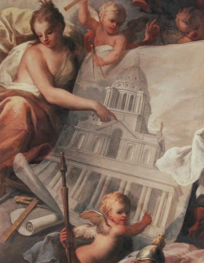 (detail) Ceiling of the Painted Hall showing a drawing of the exterior of the Painted Hall by James Thornhill