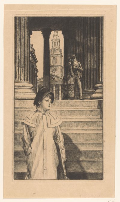 Young Woman Descending the Stairs of the National Gallery in London by James Tissot