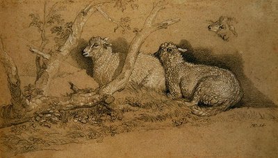Sheep Resting in a Wooded Copse and a Study of the Head of a Sheep by James Ward