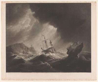 Storm at sea with shipwreck and sinking ship by James Watson (prentmaker)