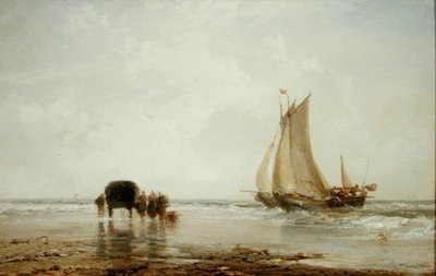 On the Beach: Two Fishing Boats and a Group of Women by James Webb