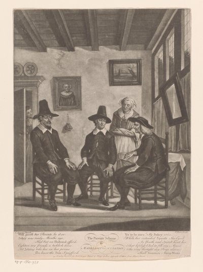 Three men in consultation while a young woman listens at the door (The Parents Scheme or Marriage Consultation) by James Wilson