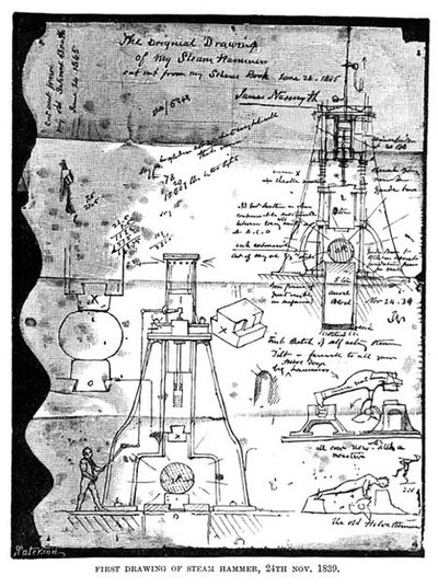 First Drawing of Steam Hammer, 24th November 1839, from a torn out page from Nasmyth