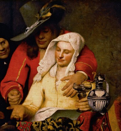 A Man Holds Out a Coin to a Woman Touching Her Breast (detail) by Johannes Vermeer