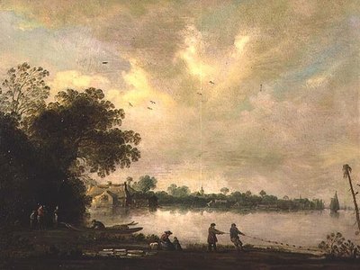 A River Landscape with Fishermen Drawing in a Net by Jan (attr. to) Coelenbier