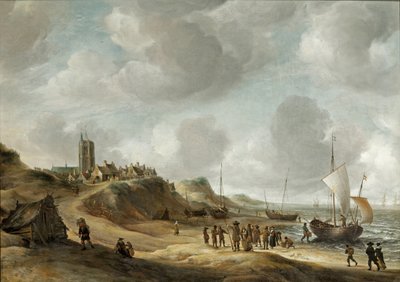 A View of Egmond aan Zee with Fisherfolk on the Beach and Shipping Offshore by Jan Abrahamsz. Beerstraten