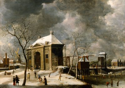 Presumed view of an Amsterdam gate in winter by Jan Abrahamsz Beerstraten