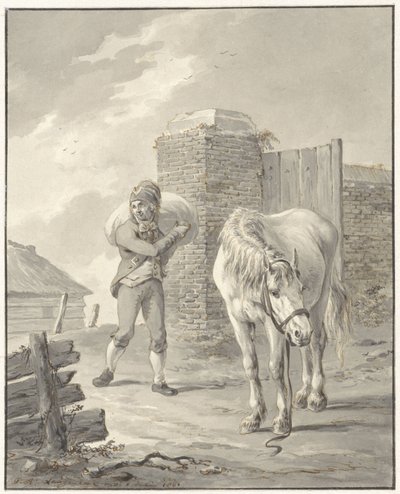 Man with Sack on Shoulder by Unsaddled Horse by Jan Anthonie Langendijk Dzn