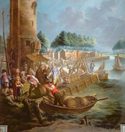 Canal scene with wine merchant unloading barrels by Jan Anton Garemyn