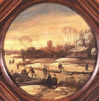 A winter landscape with skaters on a frozen waterway by Jan Asselyn