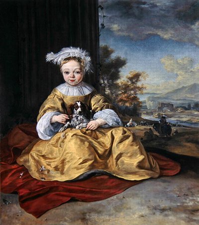 A Child in a yellow dress holding a dog by Jan Baptist Weenix
