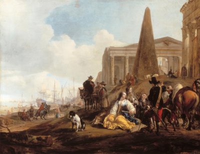 Mediterranean Harbor Scene with Resting Figures in Front of Ancient Ruins by Jan Baptist Weenix