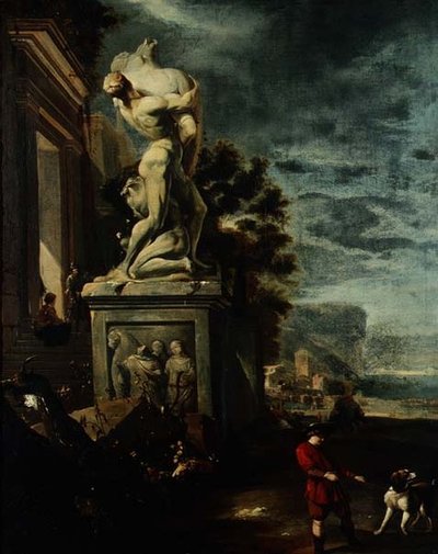 Sea port with figures by a classical statue by Jan Baptist Weenix