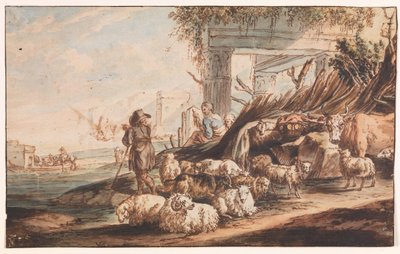 Shepherd with a Flock of Sheep and a Cow Among Ruins by Jan Baptist Weenix