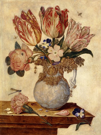 Tulips, Forget-me-nots, Peonies and Other Flowers in a Vase on a Ledge by Jan Baptist van Fornenburgh