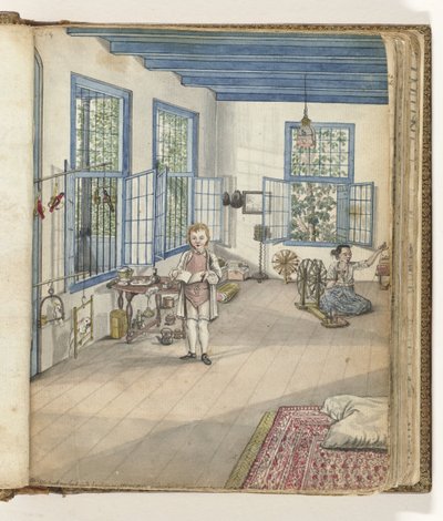 Living Room with Son Jantje and Flora, an Enslaved Woman, by a Spinning Wheel by Jan Brandes
