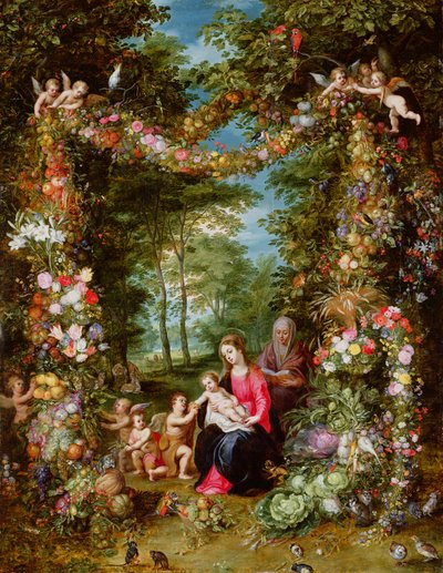 The Virgin and Child with the Infant Saint John the Baptist, Saint Anne and Angels, Surrounded by a Garland of Flowers and Fruit by Jan Brueghel the Elder