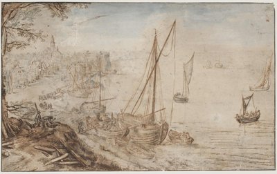 River Landscape. In the foreground, a boat being loaded and men cutting planks by Jan Brueghel d.Æ.
