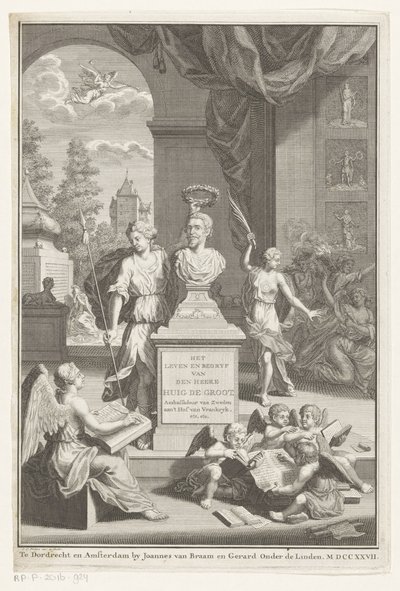 Bust of Hugo Grotius Crowned by Victoria (The Life and Work of Mr. Hugo Grotius) (Title Page for: Caspar Brandt and Adriaan van Cattenburg, History of the Life of Mr. Hugo Grotius, 1727) by Jan Caspar Philips