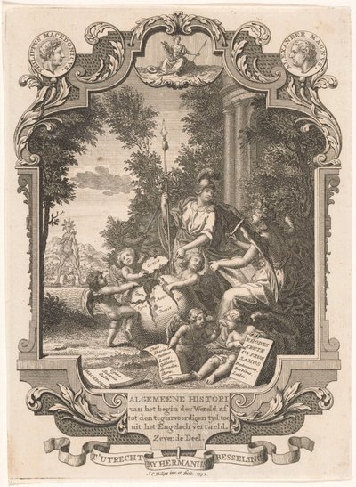 Cartouche with Allegory on the History of Greece (Title Page for: Kornelis Westerbaen, General History, 1742) by Jan Caspar Philips