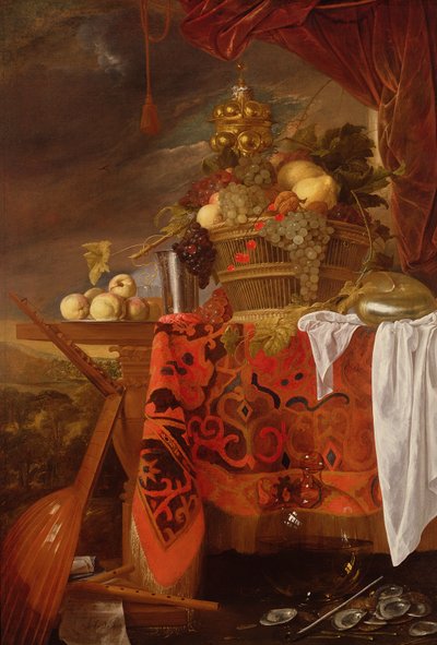 A Basket of Mixed Fruit with Gilt Cup, Silver Chalice, Nautilus, Glass and Peaches on a Plate by Jan Davidsz de Heem