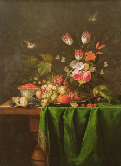 Still Life of Fruit and Flowers with a Parrot on a Table Covered with a Green Cloth by Jan Davidsz de Heem
