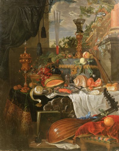 Still life of food and musical instruments by Jan Davidsz de Heem