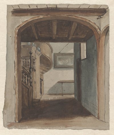 Interior with view to stairs by Jan Fabius Czn (attributed to)