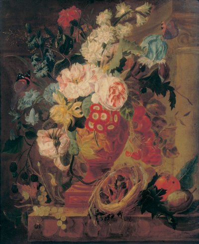 Flowers in a terracotta vase decorated with putti, with fruits, butterflies, a bluebottle, a snail, a spider and four chicks in a nest on a ledge by Jan Frans Eliaerts