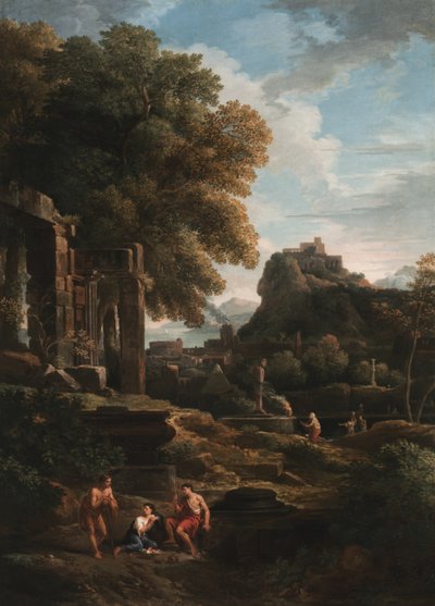 A classical landscape with figures in the foreground, ruins to the left and a figure in the centre making a sacrifice by Jan Frans van Bloemen