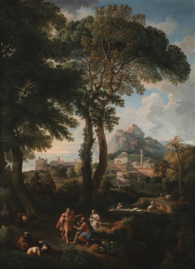 A classical river landscape with figures greeting one another on a road in the foreground, a view of a city in the distance by Jan Frans van Bloemen