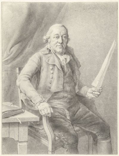 Portrait of Reinier Vinkeles I, Sitting in a Chair with a Sheet of Paper in Hand by Jan Gerard Waldorp