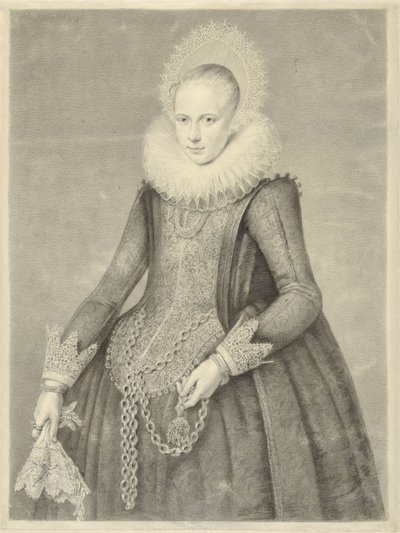 Portrait of a Woman with Gloves and a Chain with a Bezoar Stone Holder (?) by Jan Gerard Waldorp