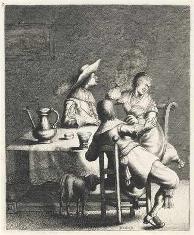 Smoker Blowing Smoke at a Woman (The Five Senses, series title) by Jan Gillisz. van Vliet