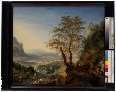 An Extensive River Landscape with Moored Boats, Figure Groups and an Army on the March by Jan Griffier