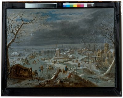 Winter Landscape With Ice Skaters On A Frozen Pond By A Village by Jan Griffier