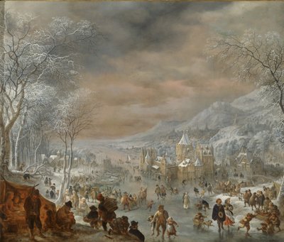 Winter Landscape with Skaters, Church and Village Along the Bank of a River by Jan Griffier