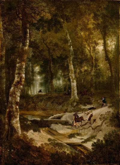 Forest Landscape with Stag Hunt by Jan Hackaert
