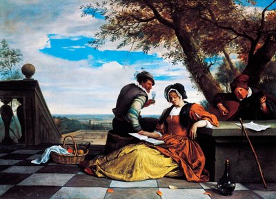 Two men and young woman making music on terrace by Jan Havicksz. Steen