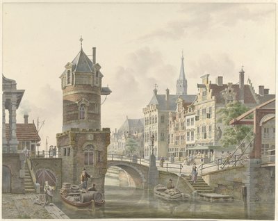 Canal in a City with a Tower near a Stone Bridge by Jan Hendrik Verheijen