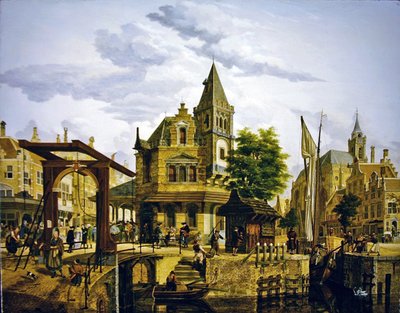 A Dutch Street Scene Along a Canal by Jan Hendrik Verheyen