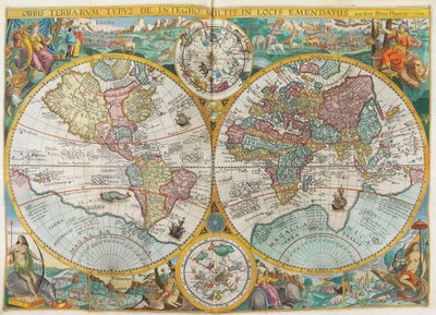 Itinerarium. World map with costumes, natives, ships, plants and animals by Jan Huygen van Linschoten
