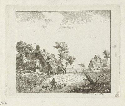 Landscape with Shepherd and Sheep Near Two Farms by Jan Izaak van Mansvelt
