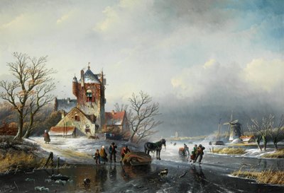 Winter Landscape with Windmill and Skaters by Jan Jacob Spohler