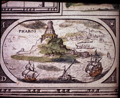 Representation of the Seven Wonders of Antiquity: the Lighthouse of Alexandria. in the Atlas by Jansson Jannsonius printed in Amsterdam in 1630 by Jan Janssonius