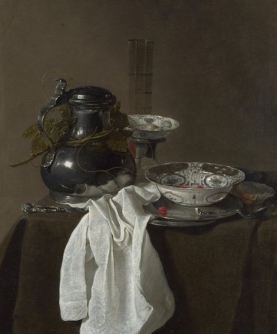 Still Life with a Pewter Flagon and Two Ming Bowls by Jan Jansz. Treck