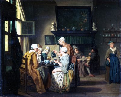 Bourgeois Interior with Ladies Drinking Tea, a Man Reading by the Fireplace by Jan Josef the Elder Horemans
