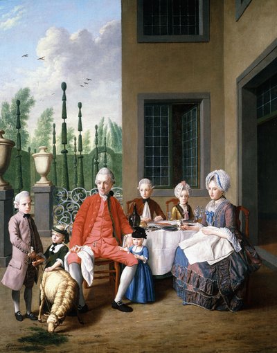 Group Portrait of the van den Bosch Family, Dining by a House, a Topiary Garden Beyond by Jan Josef the Younger Horemans