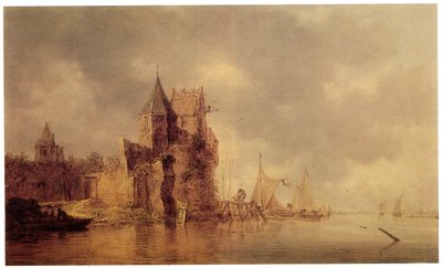 A Medieval Tower on a Castle Rampart with Sailing Ships at a Jetty and a Rowing Boat in the Foreground by Jan Josephsz van Goyen