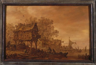 A Village on a Riverbank with Peasants in a Boat by a Dovecote, 1651 by Jan Josephsz van Goyen